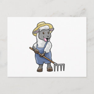 Sheep as Farmer with Rake & Hat Postcard