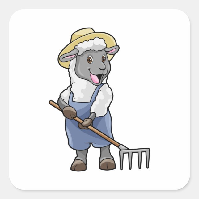Sheep as Farmer with Rake & Hat Square Sticker (Front)