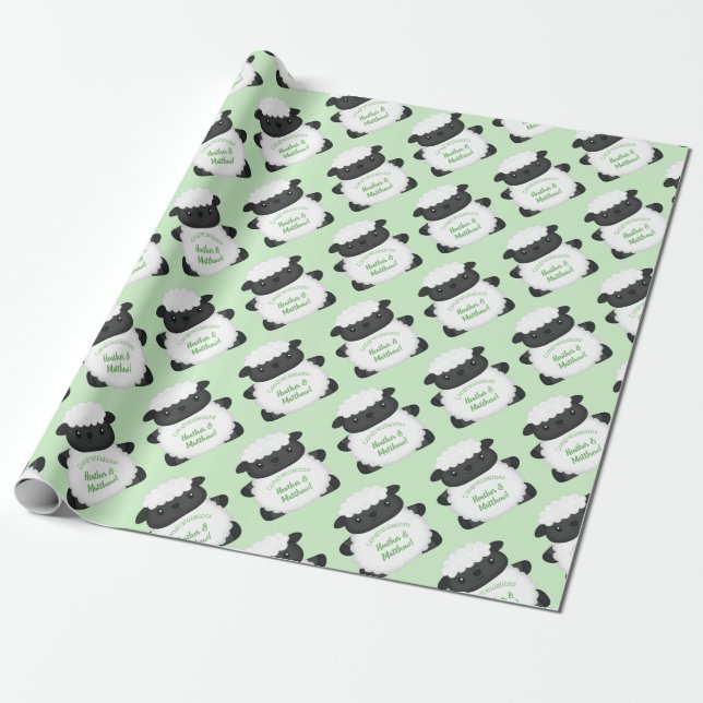Sheep Baby Shower Green Wrapping Paper (Unrolled)