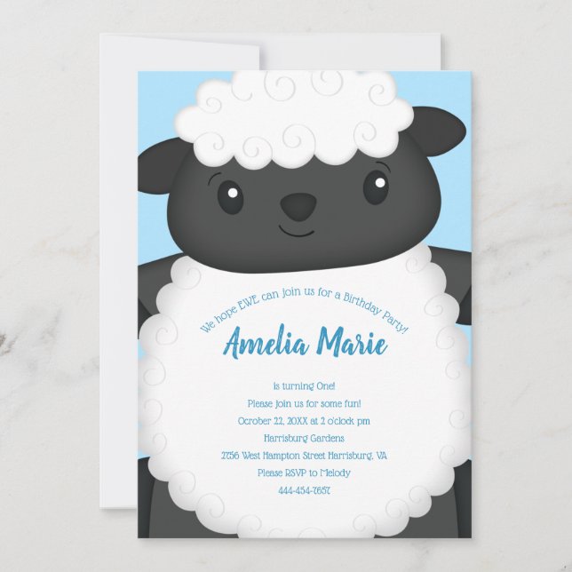 Sheep Birthday Party Blue Invitation (Front)