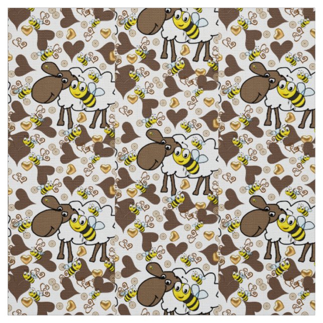 Sheep Brown Hearts Bumblebee Fabric (Swatch)