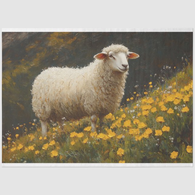 Sheep Buttercup Flowers Painting Decoupage Tissue Paper (Front)