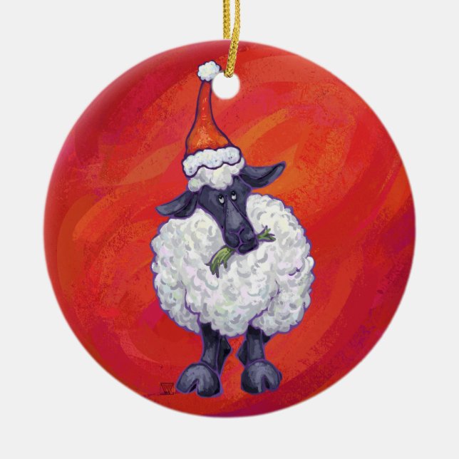 Sheep Christmas On Red Ceramic Ornament (Front)