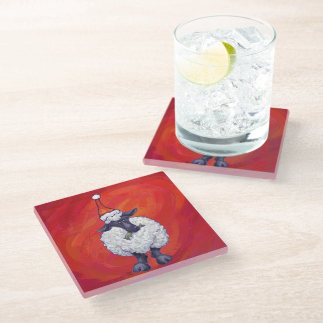 Sheep Christmas On Red Glass Coaster (Angled)
