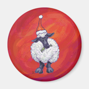 Sheep Christmas On Red Magnet