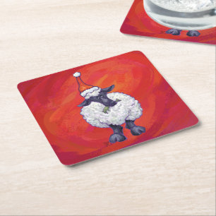 Sheep Christmas On Red Square Paper Coaster