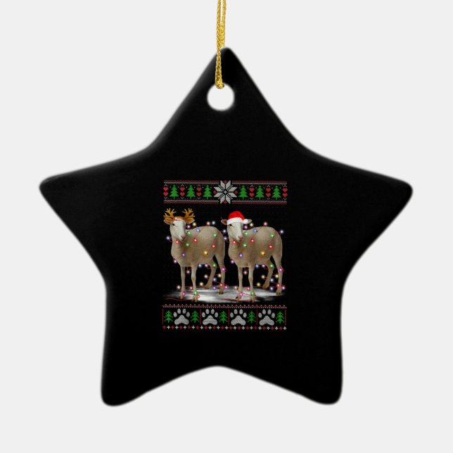 Sheep Christmas Tree Lights | Santa Animal Gift Ceramic Ornament (Front)