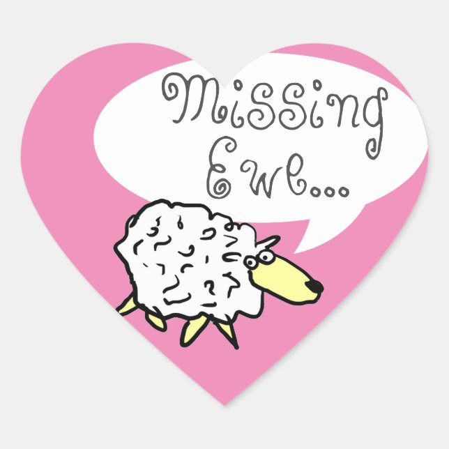 Sheep Design Cartoon with Missing Ewe Pun Heart Sticker (Front)