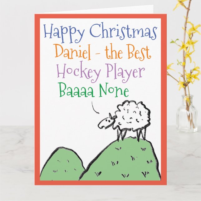Sheep Design Happy Christmas to a Hockey Player Card (Yellow Flower)