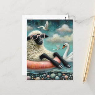 Sheep enjoys Floating in a Lake with Swans Postcard