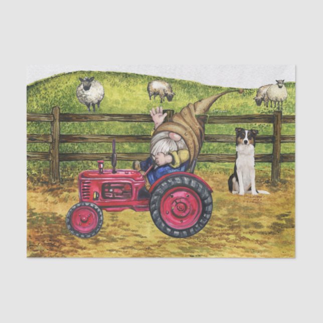 Sheep Farmer Country Gnome Tractor Landscape Tissue Paper (Front)
