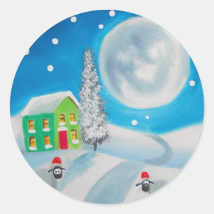 sheep folk painting full moon winter classic round sticker