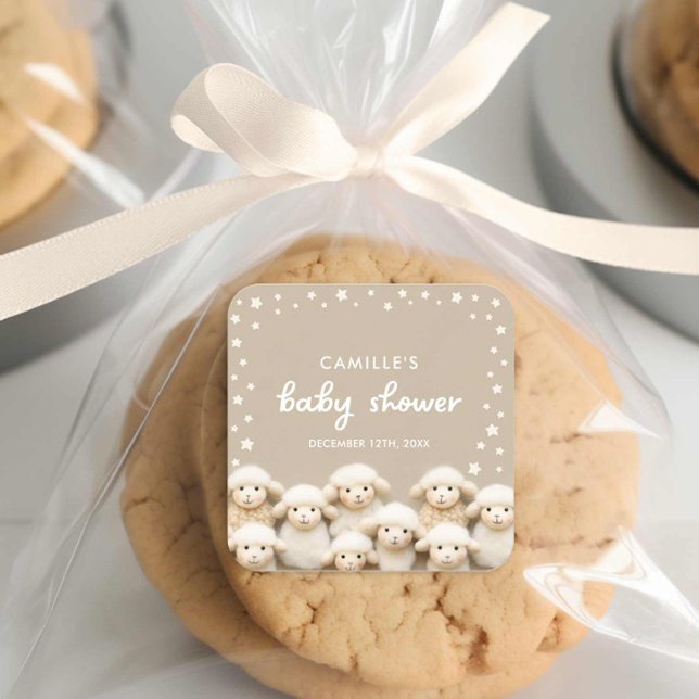 Sheep Gender Neutral Baby Shower Square Sticker (Cute Little Lamb Baby Shower Favor Sticker)