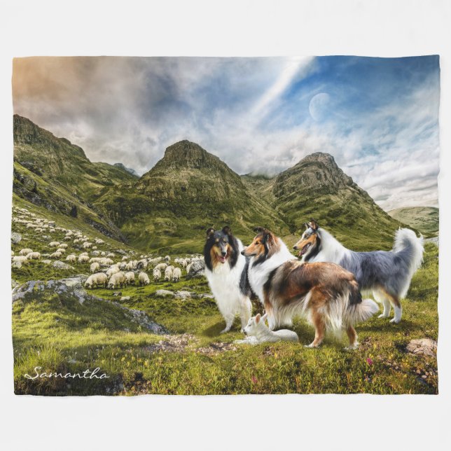 Sheep Herding Rough Collies - Personalized Fleece Blanket (Front (Horizontal))