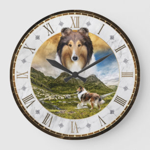 Sheep Herding Sable Rough Collie Dog, Roman Dial - Large Clock