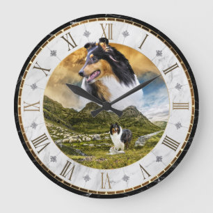 Sheep Herding Tricolor Rough Collie in Highlands - Large Clock