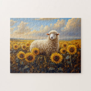 Sheep in a Sunflower Field Painting Jigsaw Puzzle