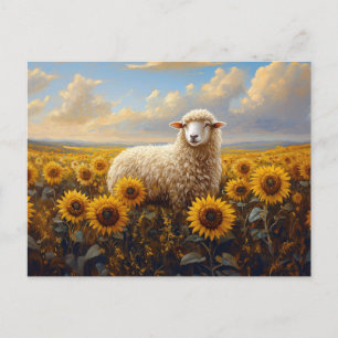 Sheep in a Sunflower Field Painting Postcard