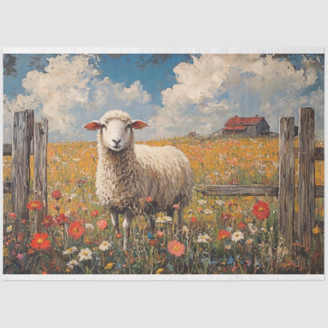 Sheep in a Wildflower Field Rustic Farm Decoupage Tissue Paper (Front)