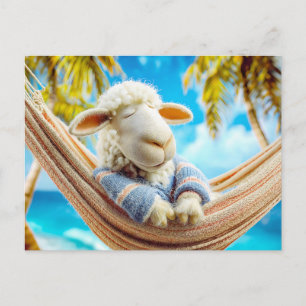 Sheep in hammock under palm tree holiday postcard