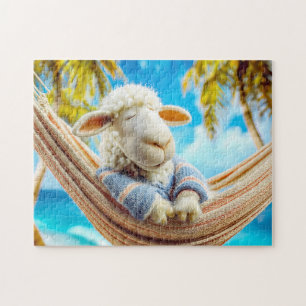 Sheep in hammock under palm tree jigsaw puzzle