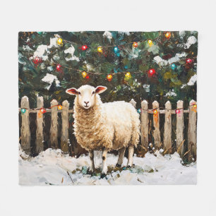 Sheep in Holiday Snow Scene Fleece Blanket