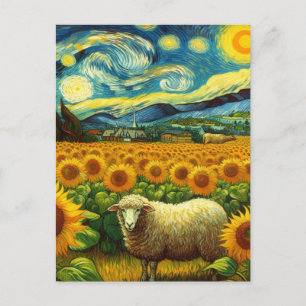 Sheep in the Sunflower Field Van Gogh Style Postcard