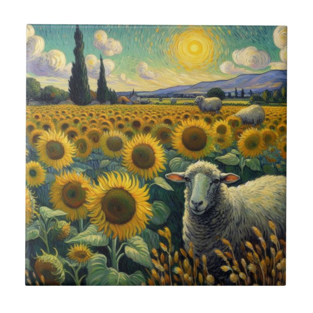 Sheep in the Sunflower Field Van Gogh Tile (Front)