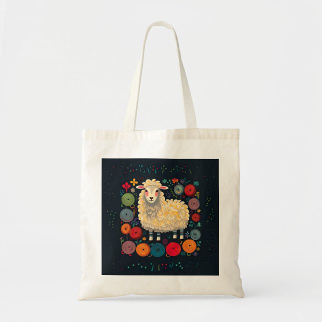 Sheep in yarn pile for knitting or crochet tote bag (Front)