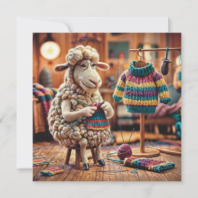 Sheep Knitting 1.2 Funny Flat Greeting Card (Front)