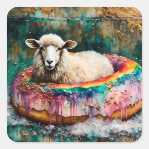 Sheep on a Rainbow Color Floating Doughnut Square Sticker
