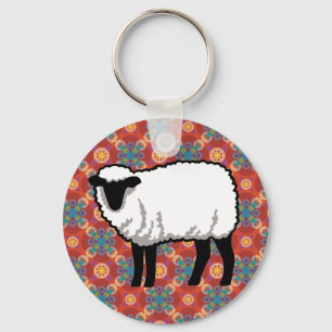 Sheep on Ornate Red Pattern Keychain