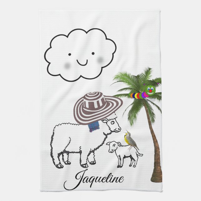 Sheep Palm Tree Clouds Kitchen Hand Towel (Vertical)