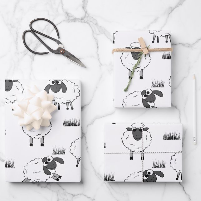 Sheep Pattern - Black and White Wrapping Paper Sheet (Front)