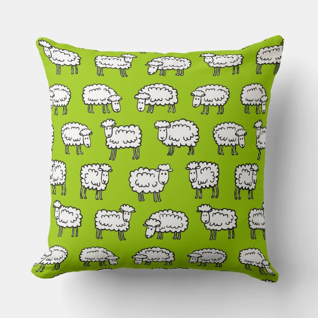 Sheep Pattern - Black White and Green Throw Pillow (Front)