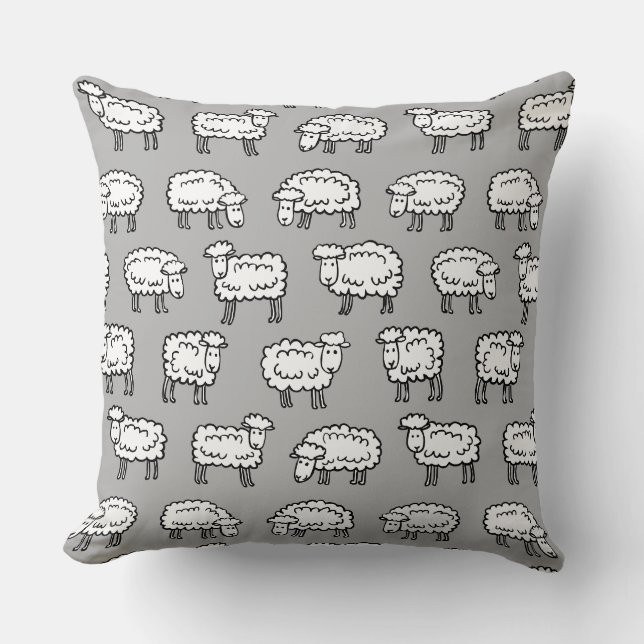 Sheep Pattern - Black, White and Grey Throw Pillow (Front)