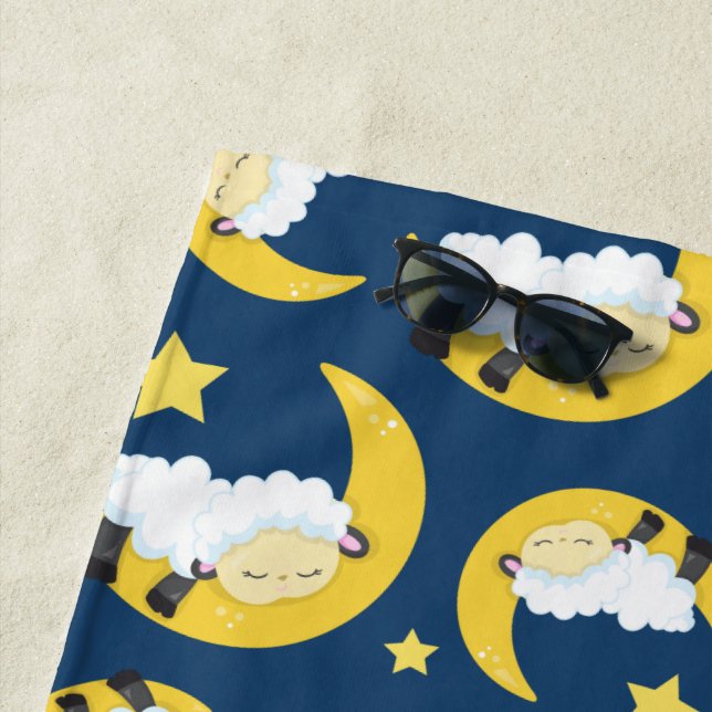 Sheep Pattern, Sleeping Sheep, Moon, Stars Beach Towel (In Situ)