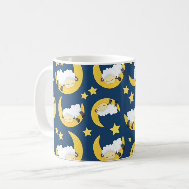 Sheep Pattern, Sleeping Sheep, Moon, Stars Coffee Mug (Front Left)