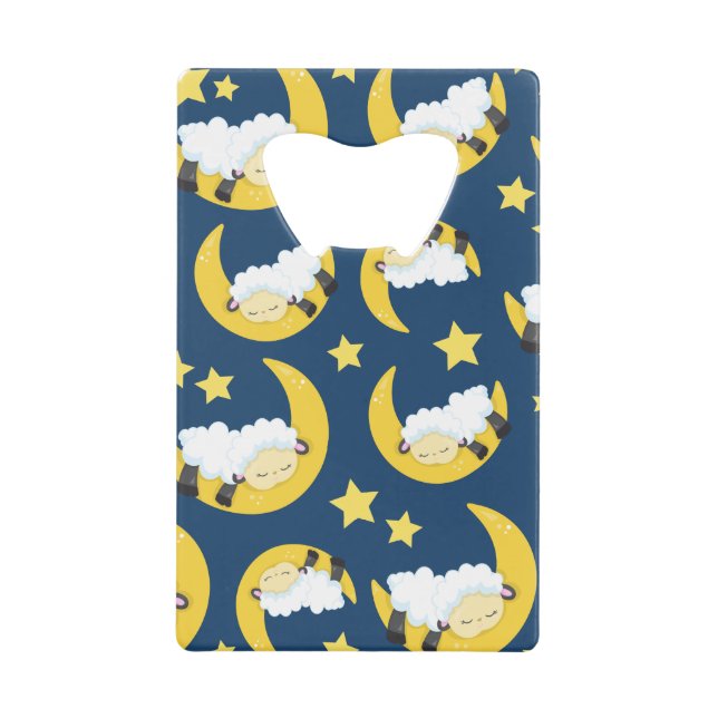 Sheep Pattern, Sleeping Sheep, Moon, Stars Credit Card Bottle Opener (Front)