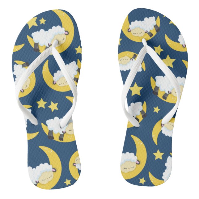 Sheep Pattern, Sleeping Sheep, Moon, Stars Flip Flops (Footbed)