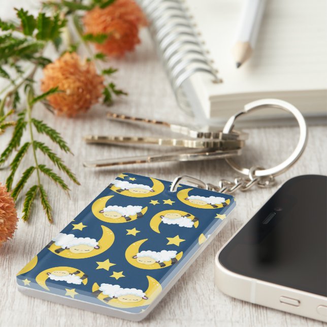 Sheep Pattern, Sleeping Sheep, Moon, Stars Keychain (Front Right)