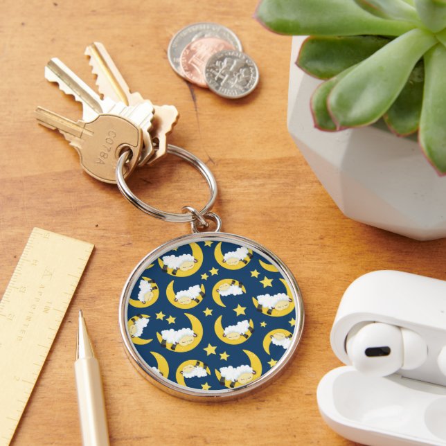 Sheep Pattern, Sleeping Sheep, Moon, Stars Keychain (Desk)