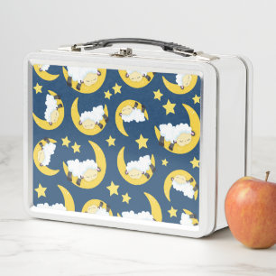 Sheep Pattern, Sleeping Sheep, Moon, Stars Metal Lunch Box