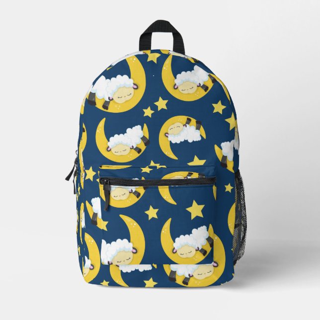 Sheep Pattern, Sleeping Sheep, Moon, Stars Printed Backpack (Front)