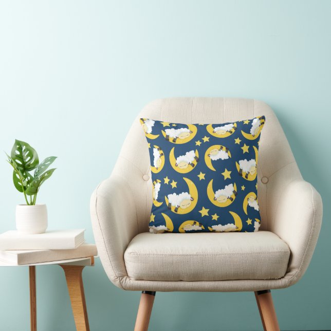 Sheep Pattern, Sleeping Sheep, Moon, Stars Throw Pillow (Chair)