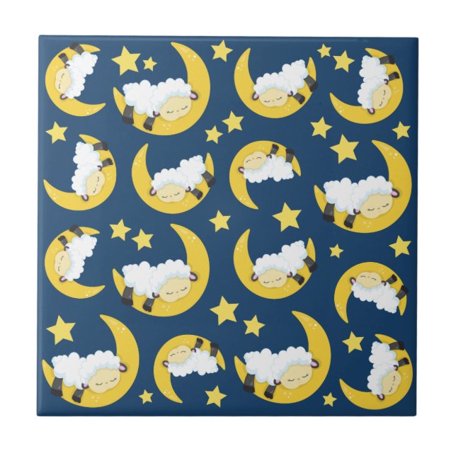 Sheep Pattern, Sleeping Sheep, Moon, Stars Tile (Front)