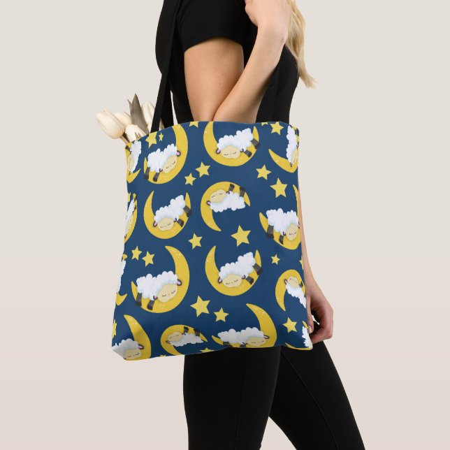 Sheep Pattern, Sleeping Sheep, Moon, Stars Tote Bag (Close Up)