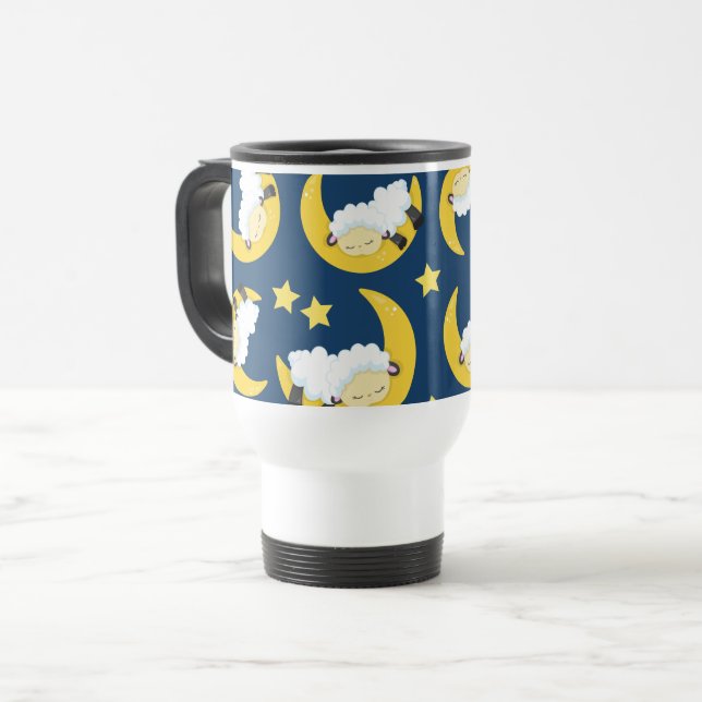 Sheep Pattern, Sleeping Sheep, Moon, Stars Travel Mug (Front Left)