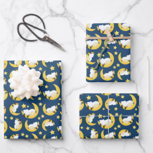 Sheep Pattern, Sleeping Sheep, Moon, Stars Wrapping Paper Sheet