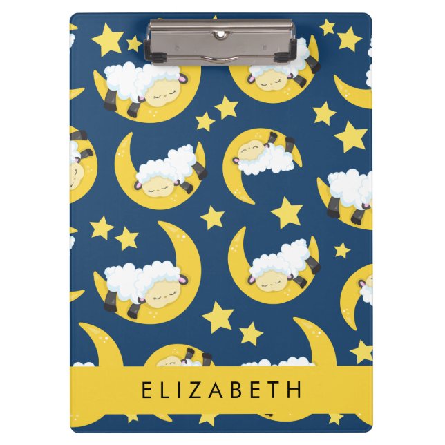 Sheep Pattern, Sleeping Sheep, Moon, Your Name Clipboard (Front)